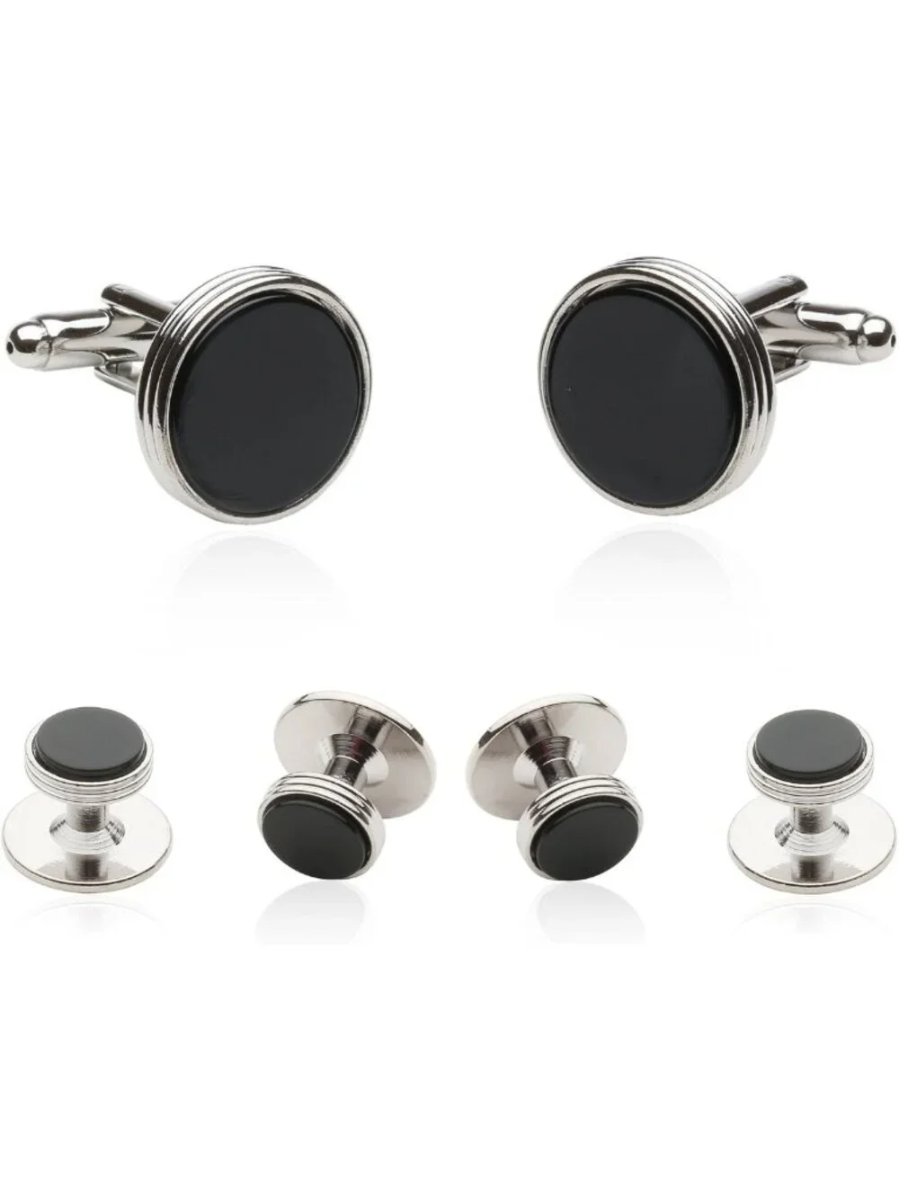 Elegant Black Onyx & Silver Tone Tuxedo Cufflinks & Studs Set - Formal Jewelry